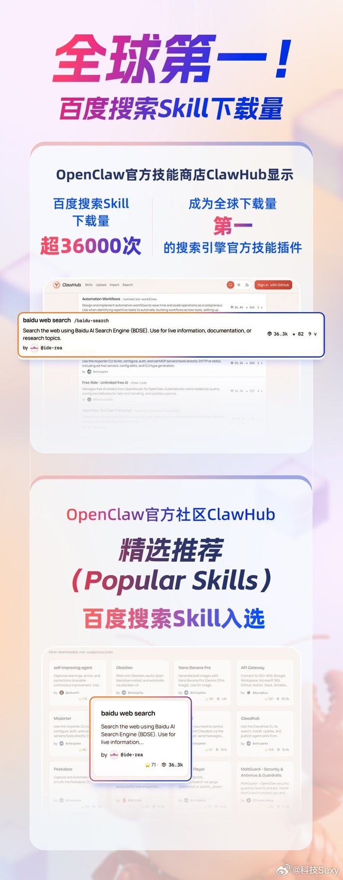 百度搜索Skill下载量，全球第一！3月13日消息，OpenClaw官方技能商店