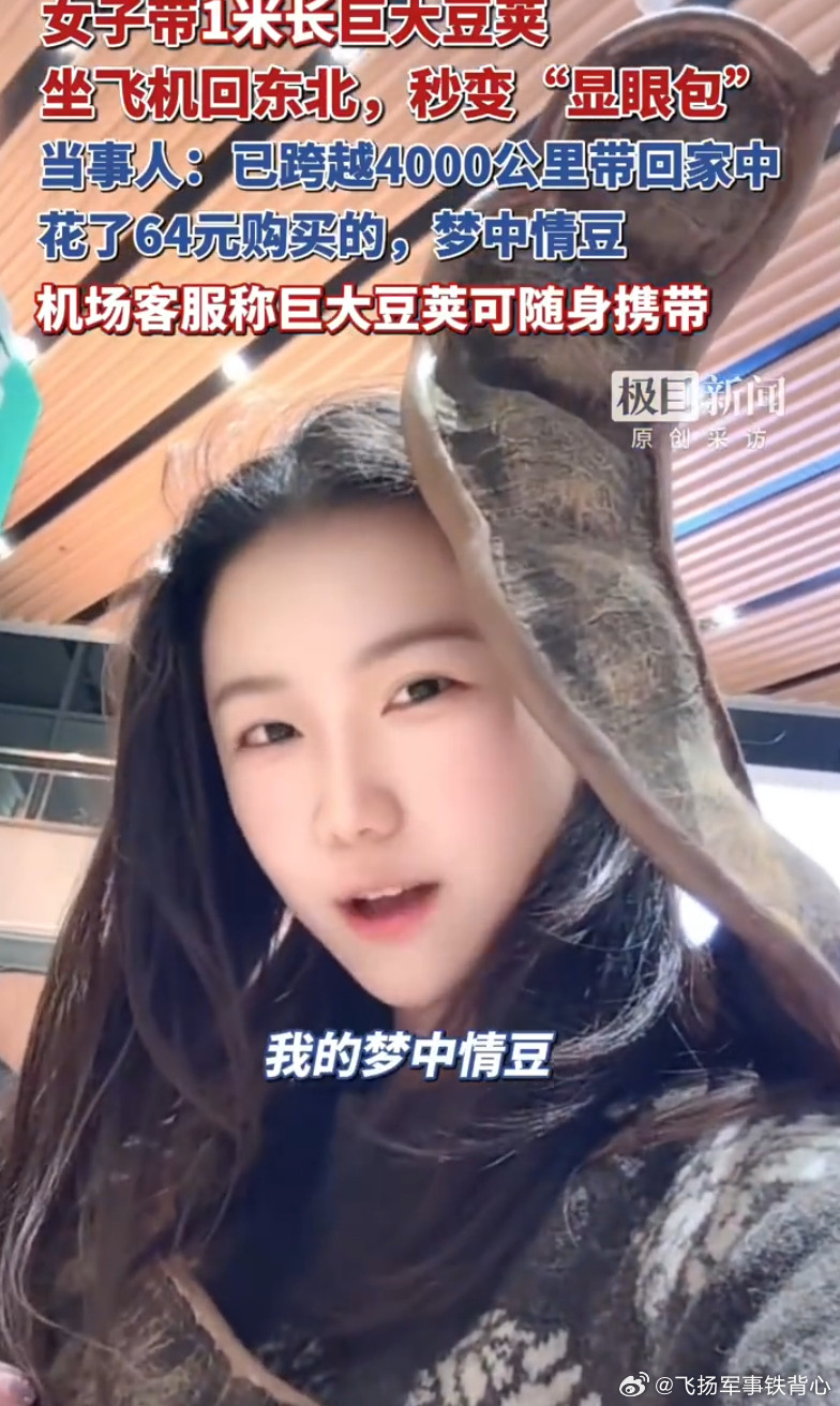 女子带1米长巨大豆荚坐飞机引围观我嘞个豆~！我还以为你玩儿蛇呢~