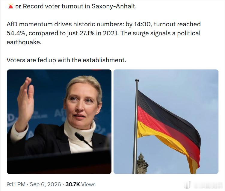 萨克森-安哈尔特州创下历史最高投票率。德国选择党(AfD)的势头推动投票人数创下