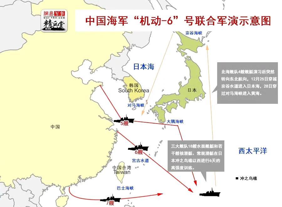 2015年海军机动-6号演习和2025年海军双航母西太平洋兵力集结示意图。十年