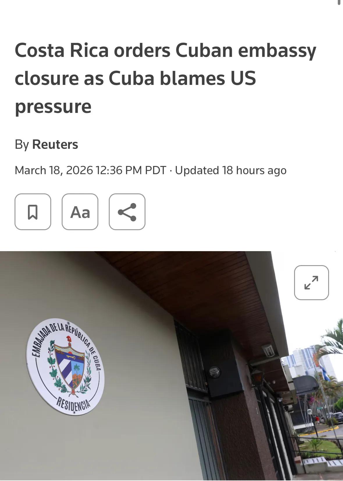 又是一刀。3月18日，哥斯达黎加宣布不再承认古巴政府的合法性，关闭古巴驻圣何塞