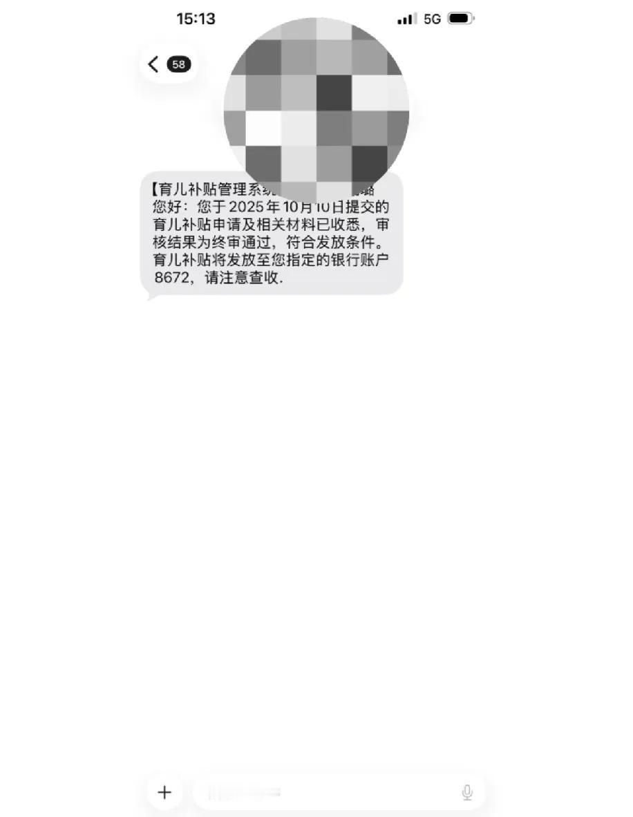 刚收到育儿补贴的到账通知!虽然钱不多,但看着短信里“终审通过”四个字,还是有点小