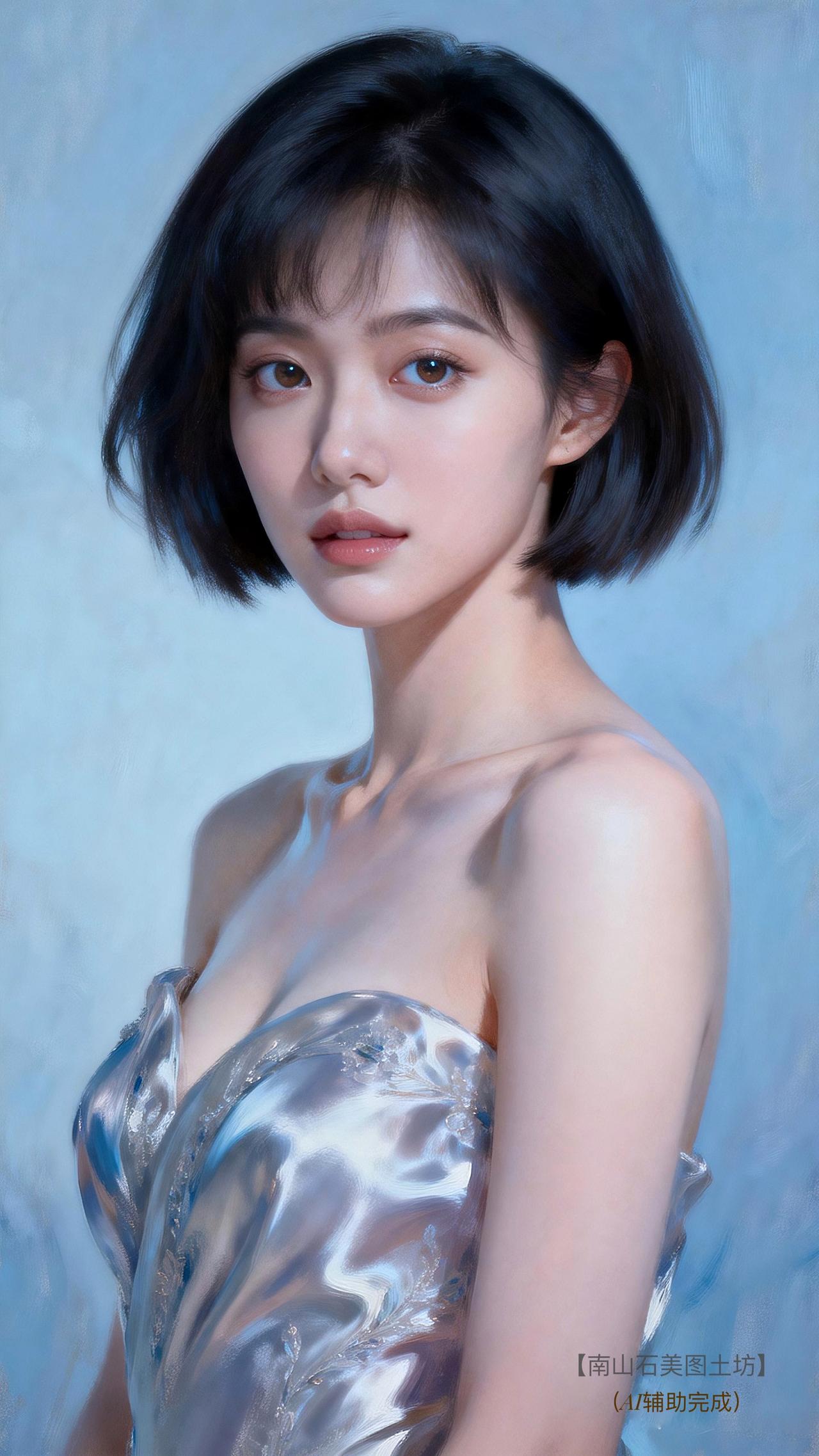 雾蓝背景晕开朦胧诗境，她是月光裁就的精灵。齐肩墨发漾着丝缎柔光，衬得下颌线愈发清