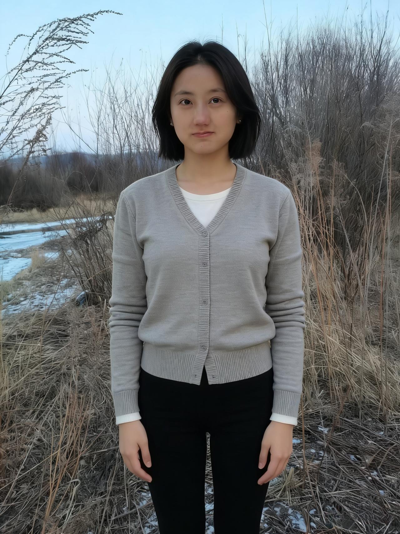 她从冬的褶皱里走来踩着碎叶与薄冰的节拍灰开衫是大地的底色白内搭是云的留白