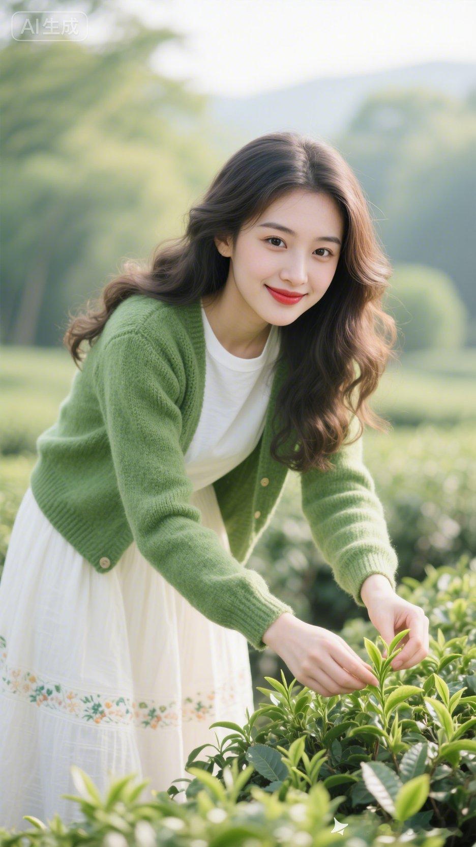 阳光下的茶园，采摘的少女，清新自然，美好时光。