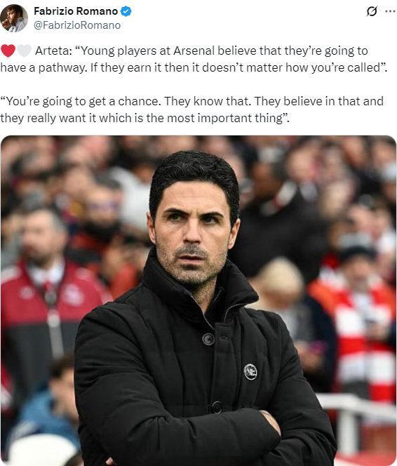 罗马诺更新社媒:阿尔特塔表示“阿森纳的年轻球员相信他们会有一条晋升之路。只要他们