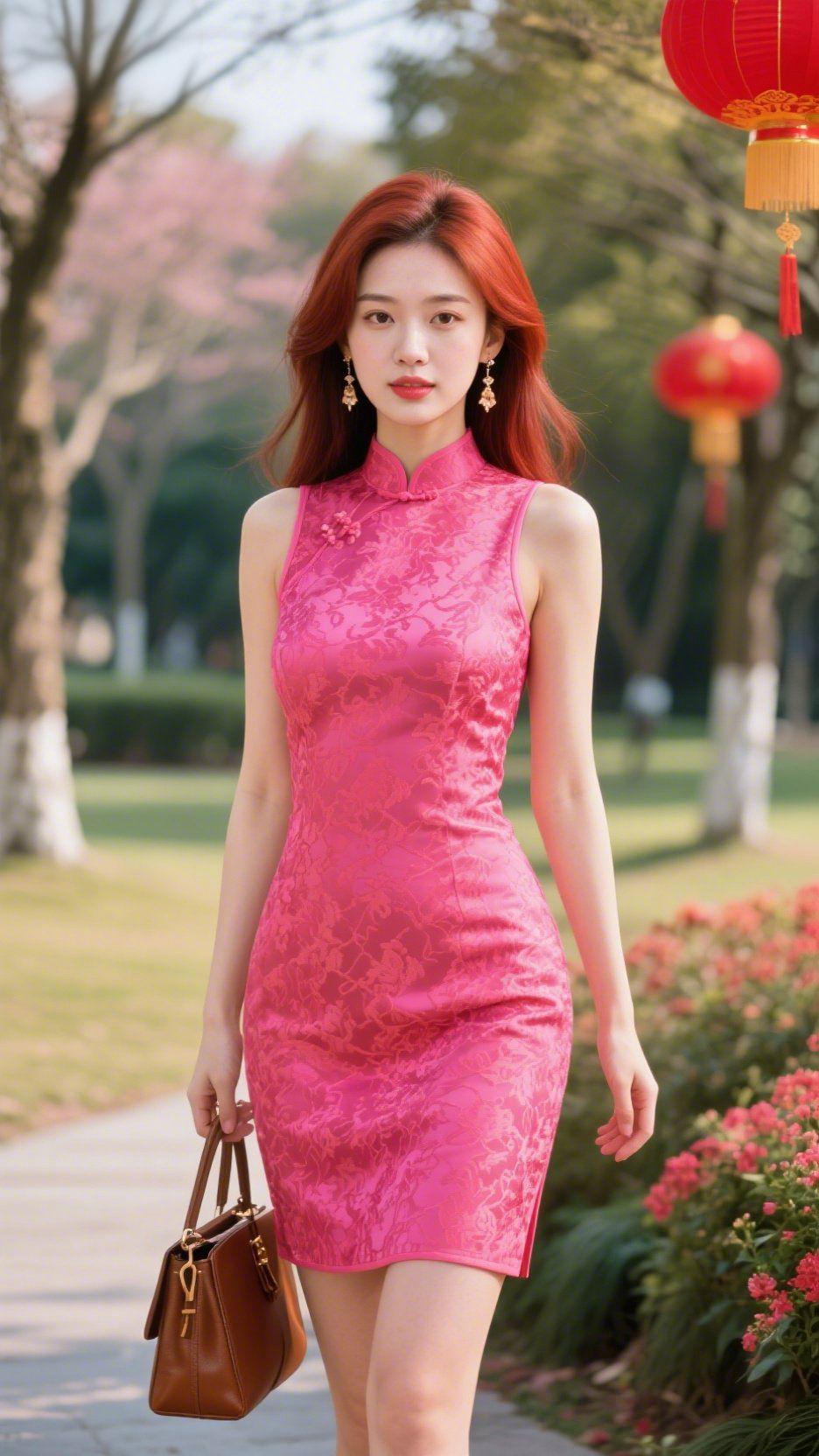 绯粉春襟里的雅意风裹着花的软，漫过她垂落的红发梢时，恰好落在那抹艳粉旗袍上