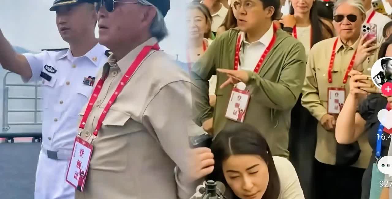 霍震霆老爷子真是太有趣了在山东舰访港时，一脸严肃地戴着大墨镜，给人一