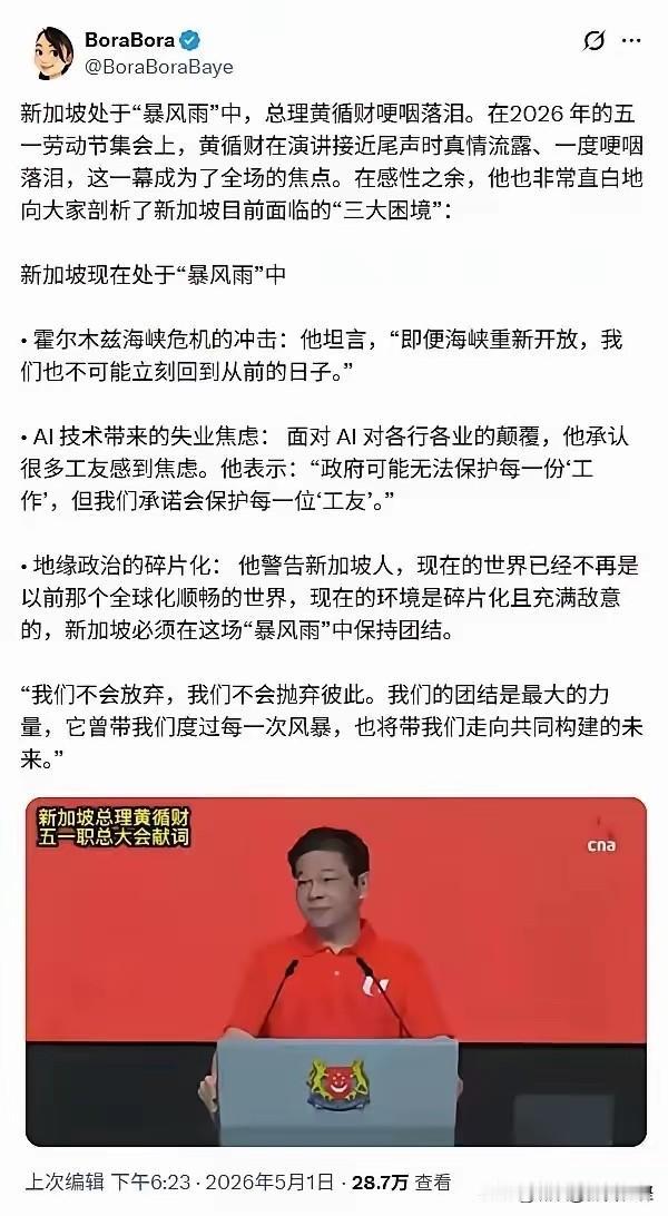 新加坡处于“暴风雨”中，总理黄循财哽咽落泪。新加坡处于什么暴风雨中？既没调解俄乌
