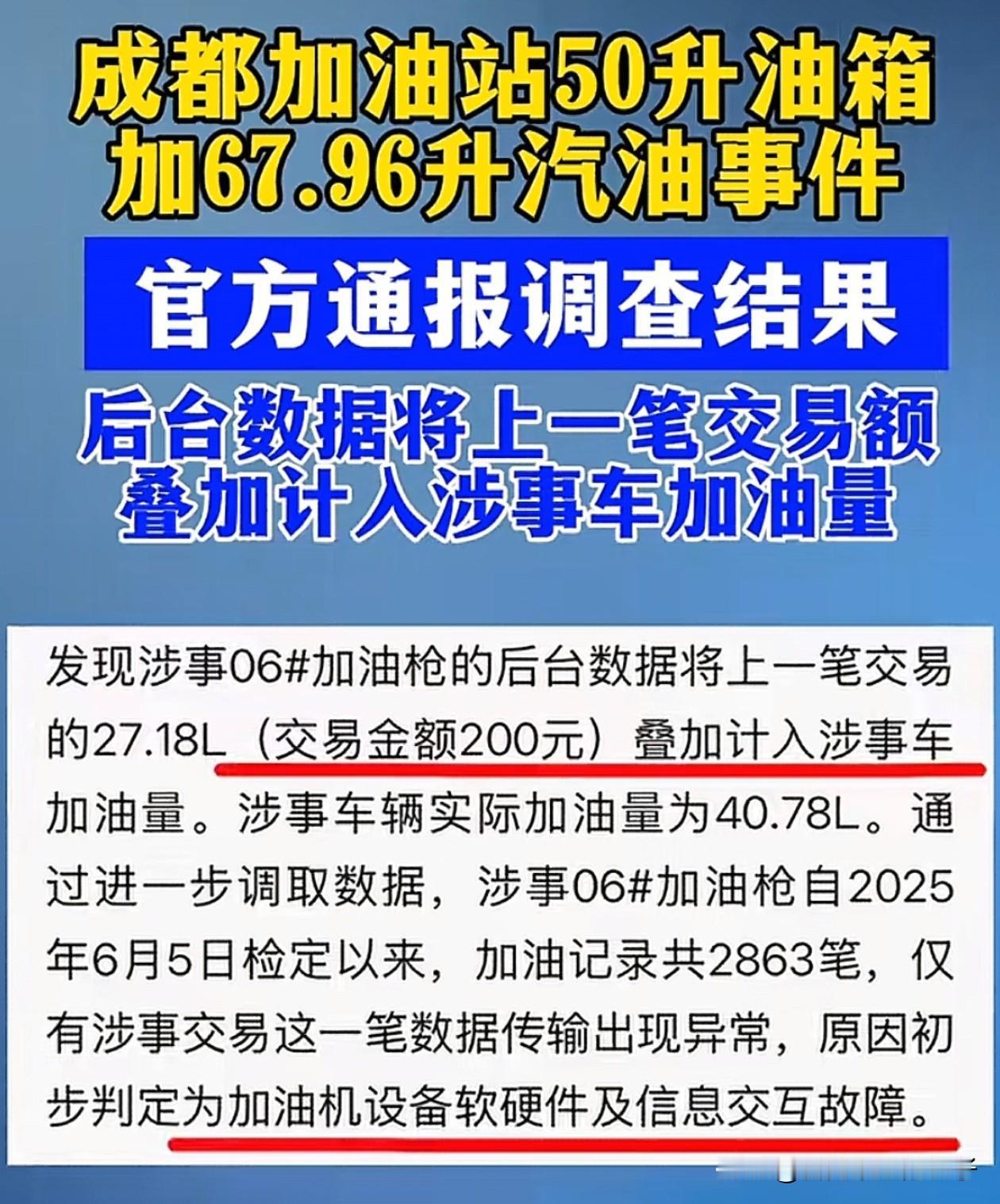 50升油箱加67.96升汽油官方通报来了！怀疑过是员工操作失误没有清零，也想