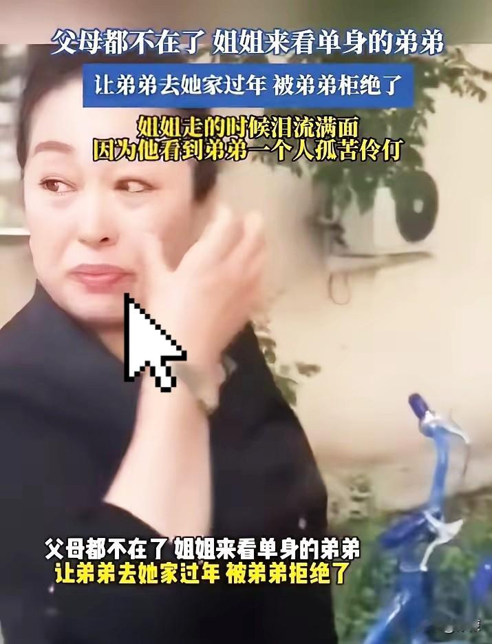 父母都不在了，姐姐来看单身的弟弟，让弟弟去她家过年被弟弟拒绝了。姐姐走的时候