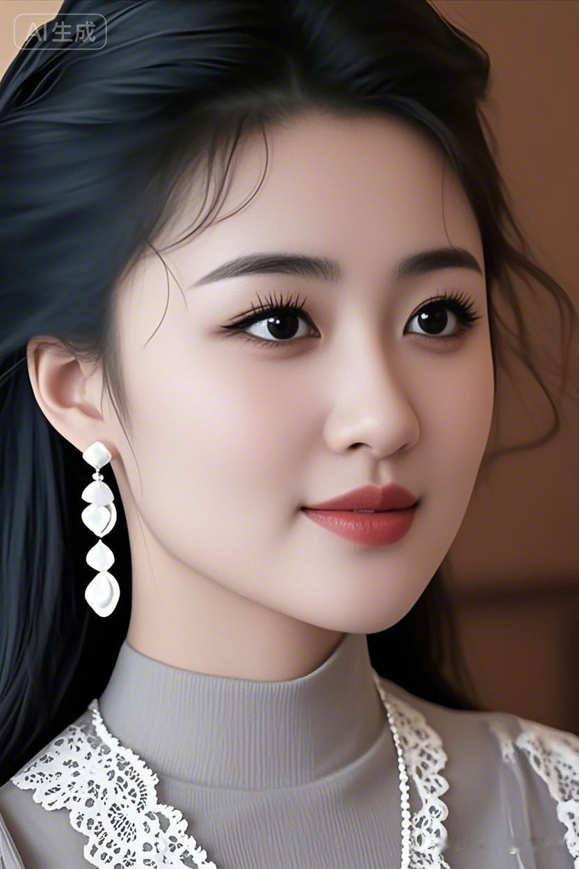 真人美女面部特写，冷白皮五官端正，黑长直长发飘飘，燕麦灰长袖配白色花边，戴白色耳