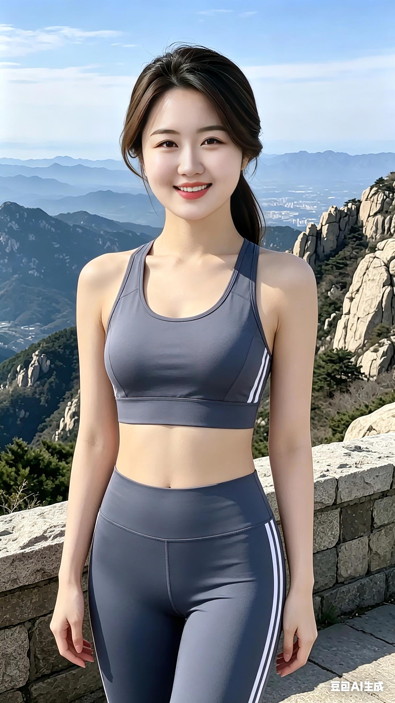 戏作小诗登高远眺沐晴光，健影亭亭立山岗。一身轻便运动装，满面春风笑意扬。