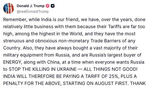 美国与印度达成贸易协议。印度输美产品要支付25%关税，外加对购买俄罗斯能源及产品