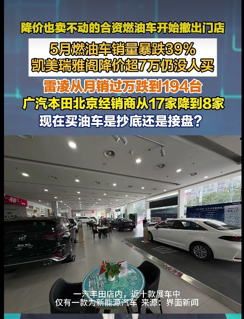 合资燃油车降价也卖不动，凯美瑞优惠5万、雅阁优惠7.5万，以前二十万级别的车跌到