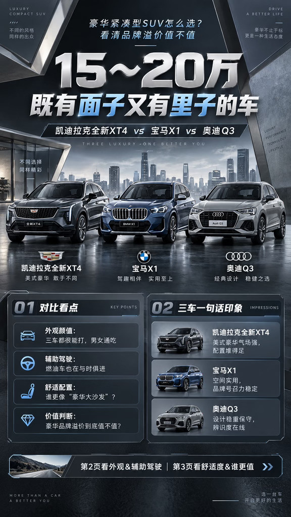 15-20万预算买豪华紧凑型SUV，凯迪拉克全新XT4、宝马X1、奥迪Q3到底怎么选？#豪华紧凑型S
