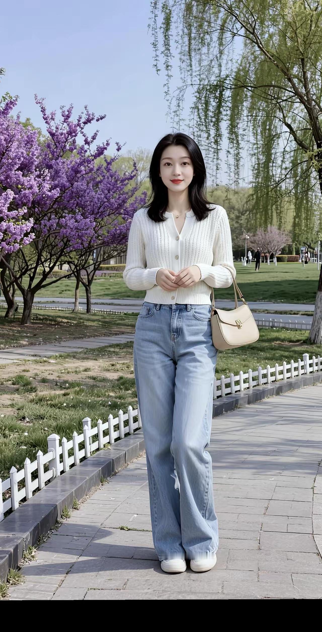 春日穿搭指南：白色毛衣+牛仔裤，清新自然，轻松惬意。