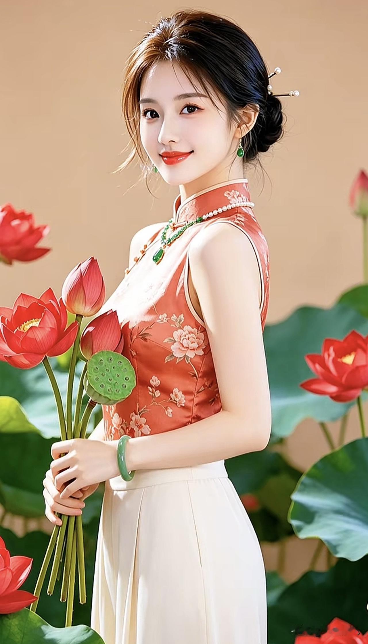 优雅旗袍少女，手持莲花，韵味十足！🌸💄👗江南风旗袍美女绿花旗袍少女旗袍