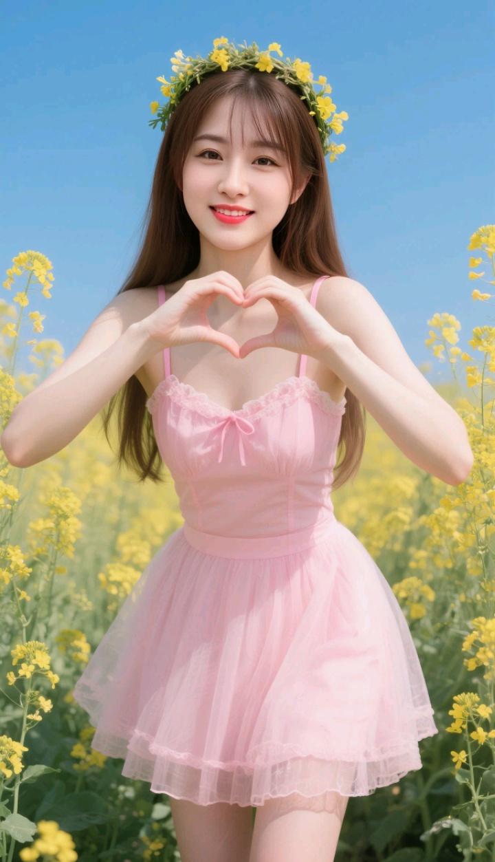 在花田里，她比了个心形手势。分享小姐姐的美丽照片比心写真少女心拍照姿势