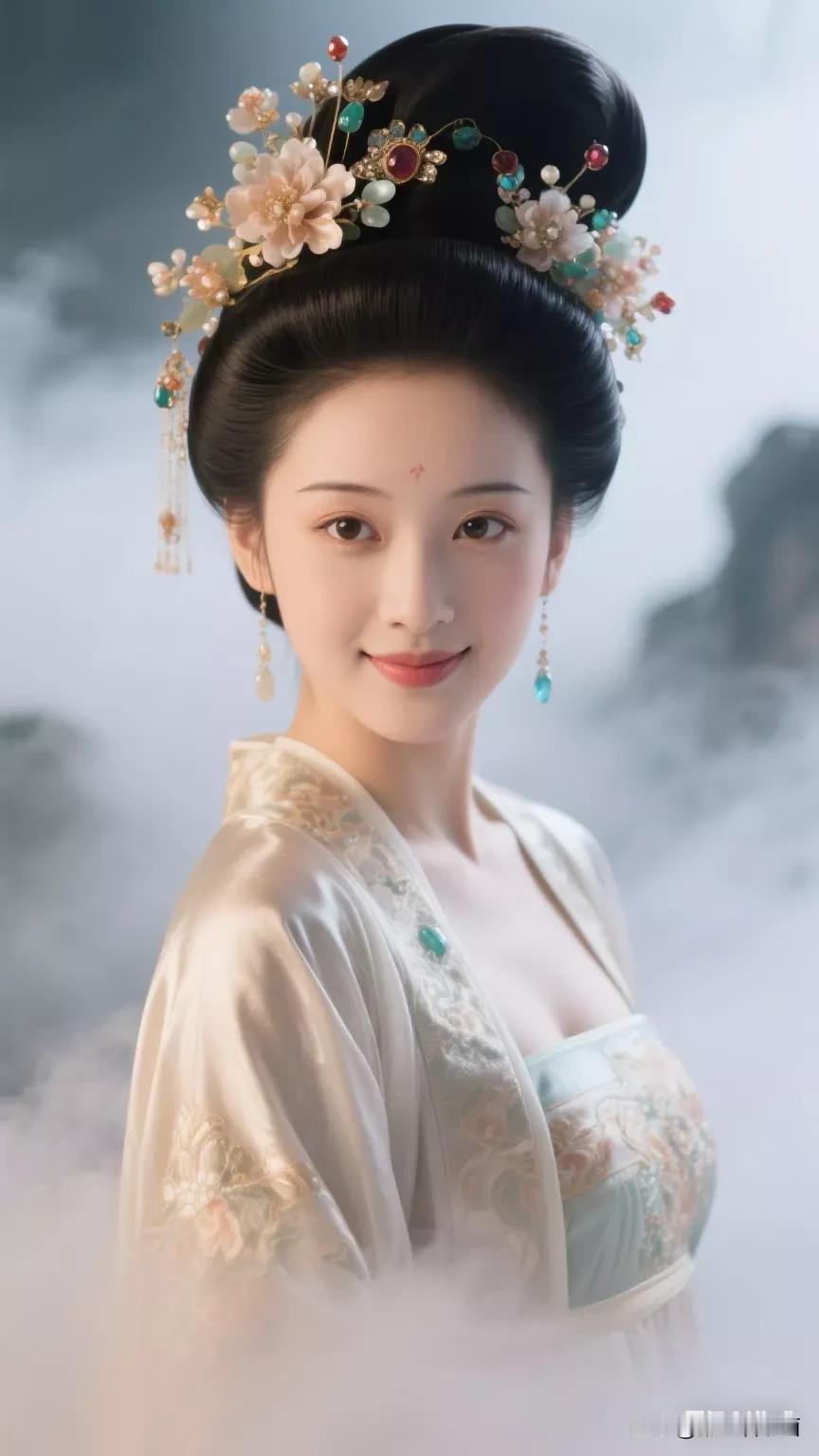 古风美人，花簪点缀，云雾缭绕，宛如仙境。张立启原创书画AI作品古仕女发髻集锦首发