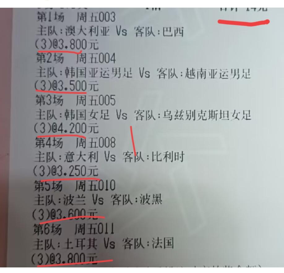 这6场比赛，会有几场“三个进球”的比赛？这是网友晒出来的一张彩票，也不知道他怎