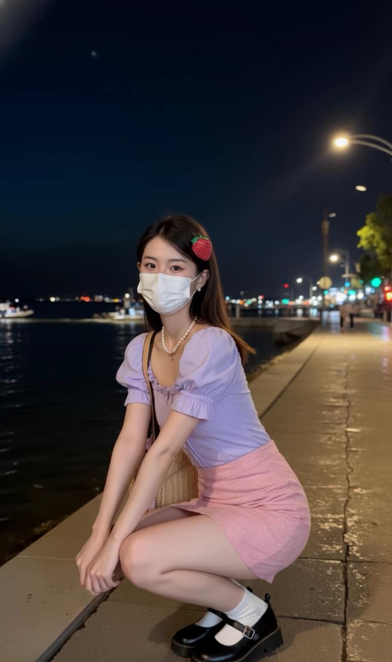 夜晚河畔的甜美少女，口罩下的微笑