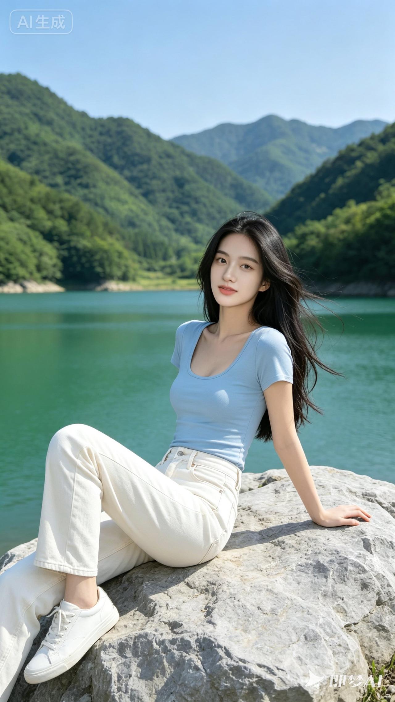 夏日清新穿搭，湖畔静坐，享受自然之美