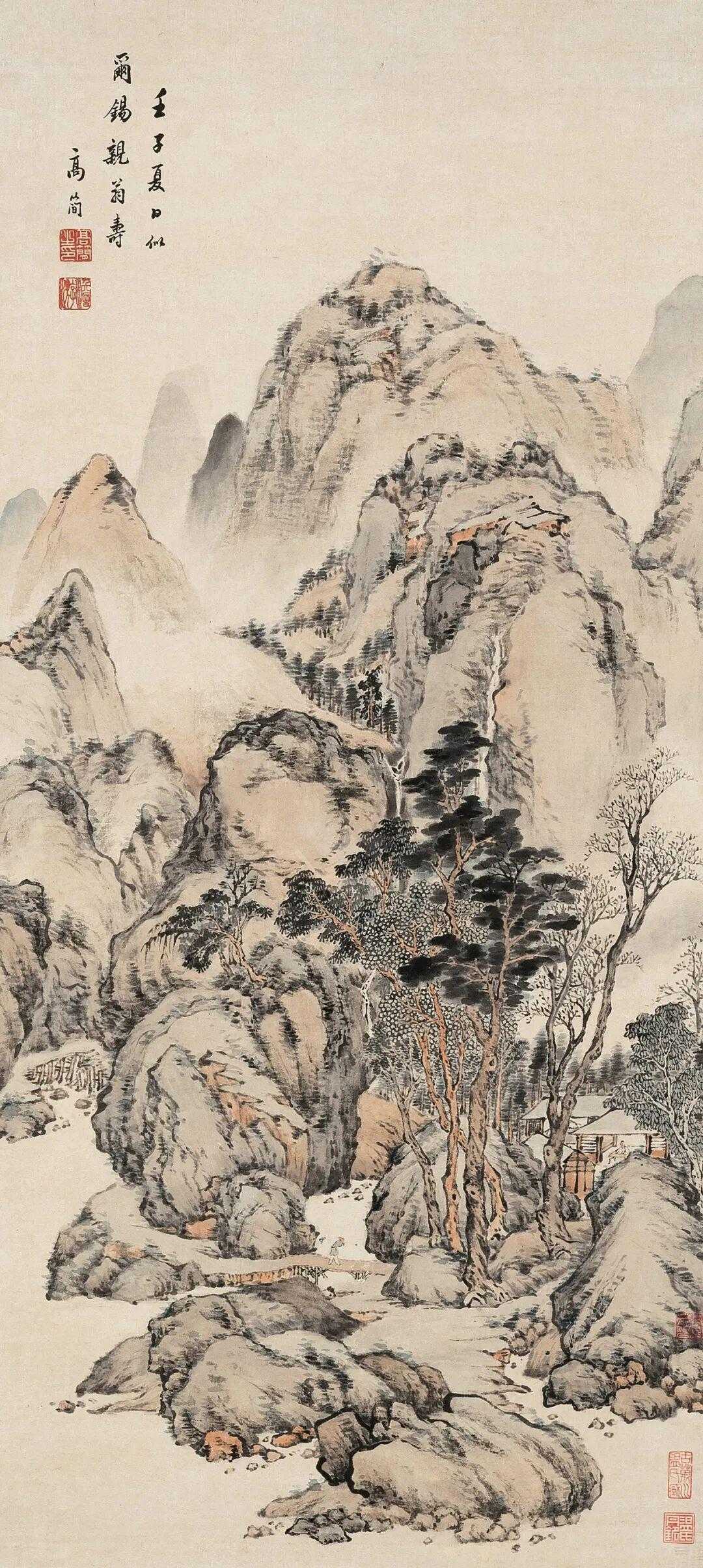 高简《夏日山居》，设色纸本86x38.5cm。高简（1634-1707年），