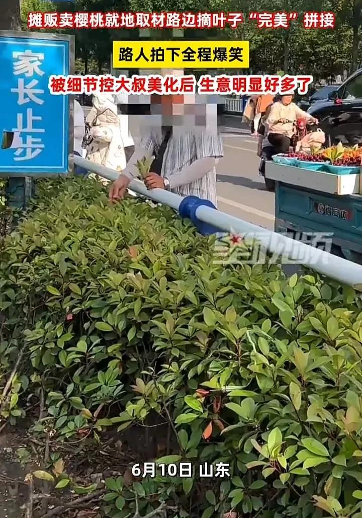 这位摊主真是个人才！6月10日，山东一位摊主在街边卖樱桃，由于樱桃没有叶子不美观