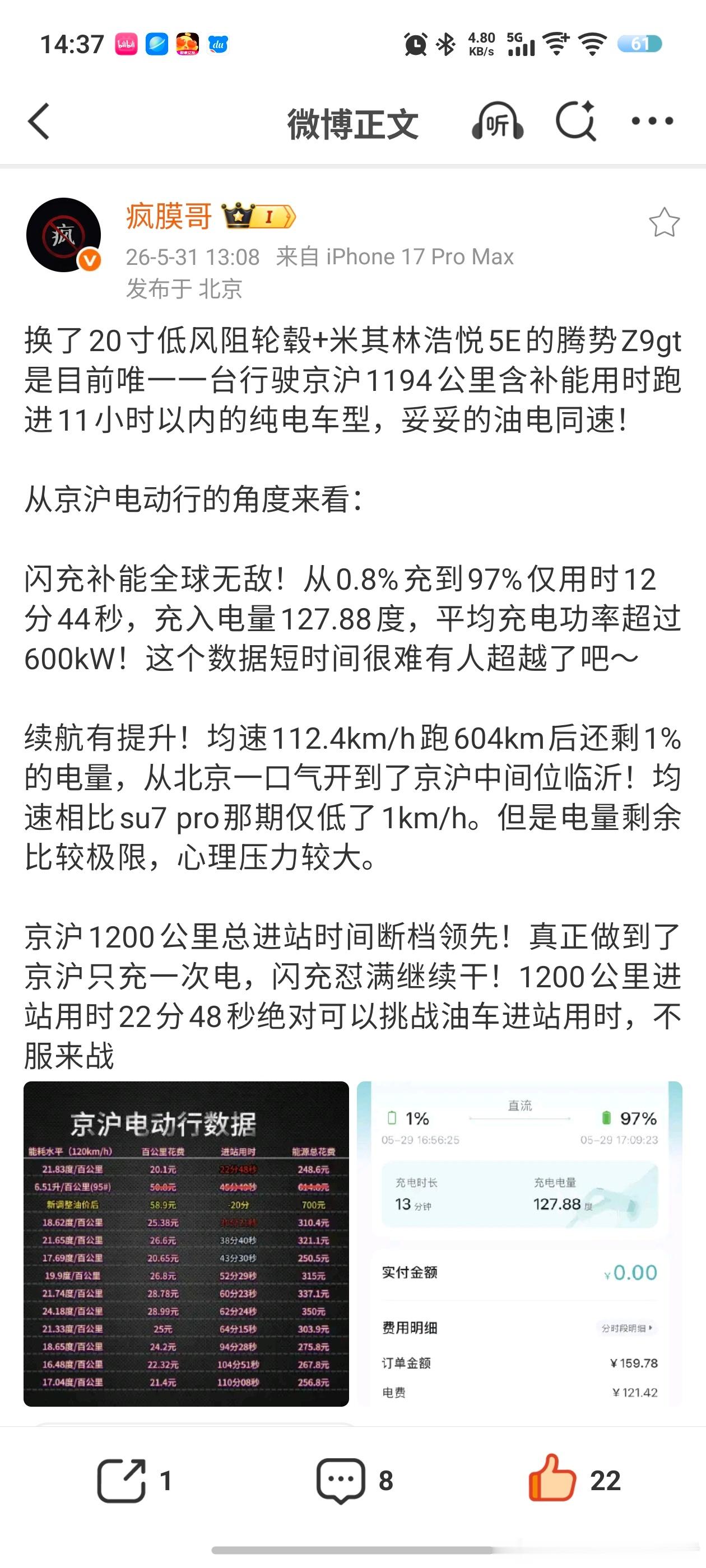 全新腾势Z9GT从0.8%充至97%只需要12分44秒，平均功率超过600kw
