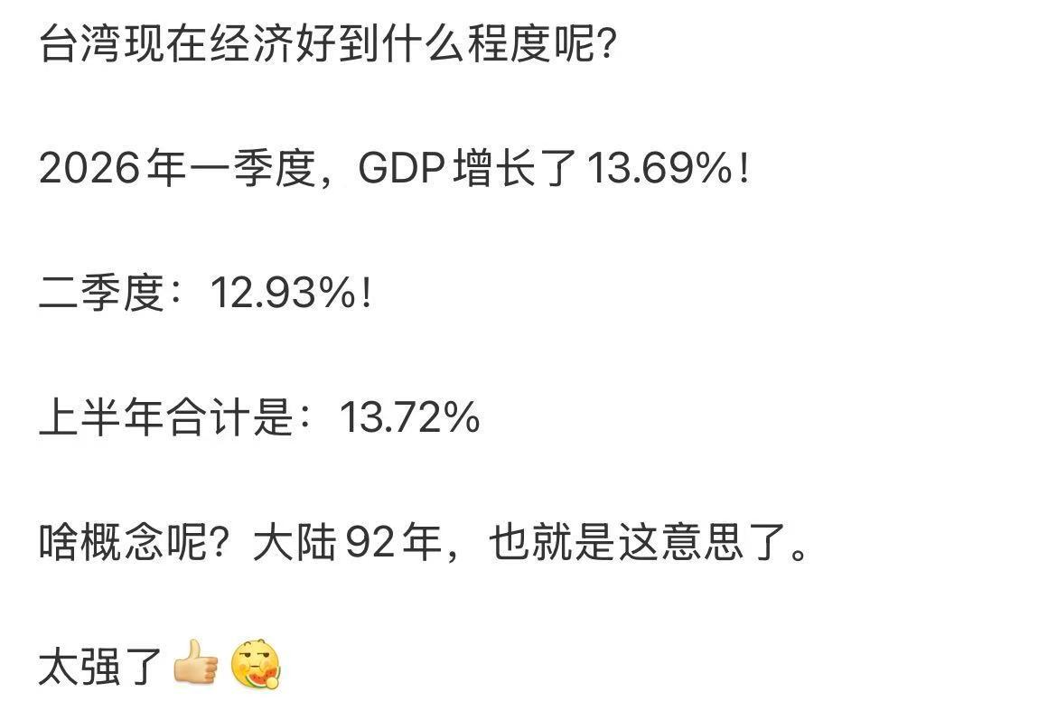 台湾现在经济好到什么程度呢?2026年一季度，GDP增长了13.69%!二季度: