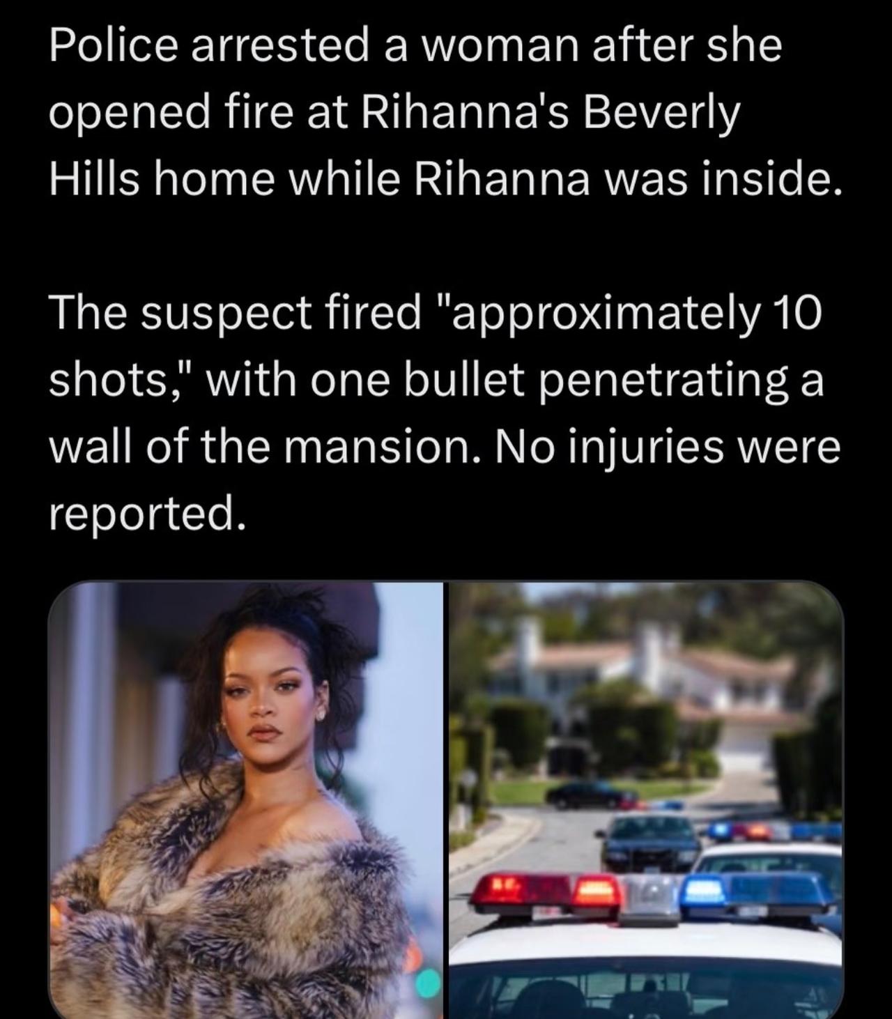 超级巨星蕾哈娜在家中遭一女子开枪袭击，当时蕾哈娜本人恰好在家。开枪女子下手也