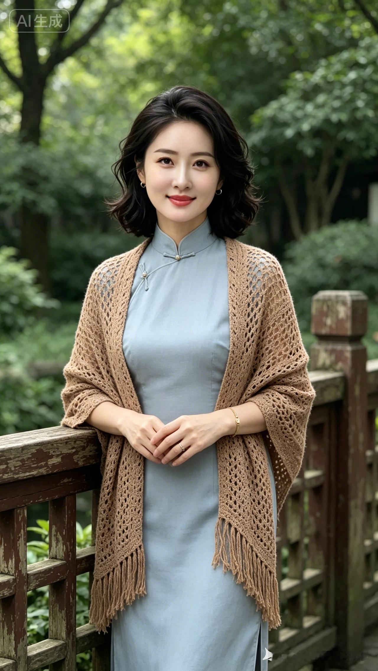 一个穿旗袍的女士在户外微笑。
