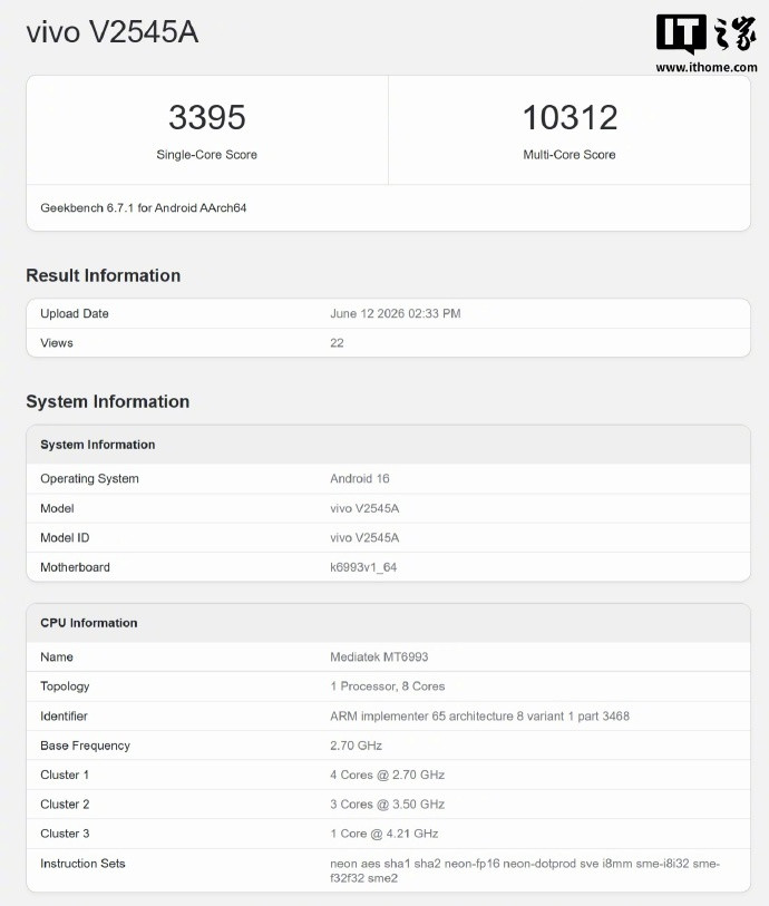 iQOONeo11S现身Geekbench平台：核心搭载天玑9500芯片、1