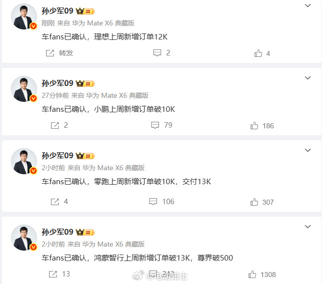 来了来了，上周部分品牌新增订单量  鸿蒙智行上周新增订单破1...