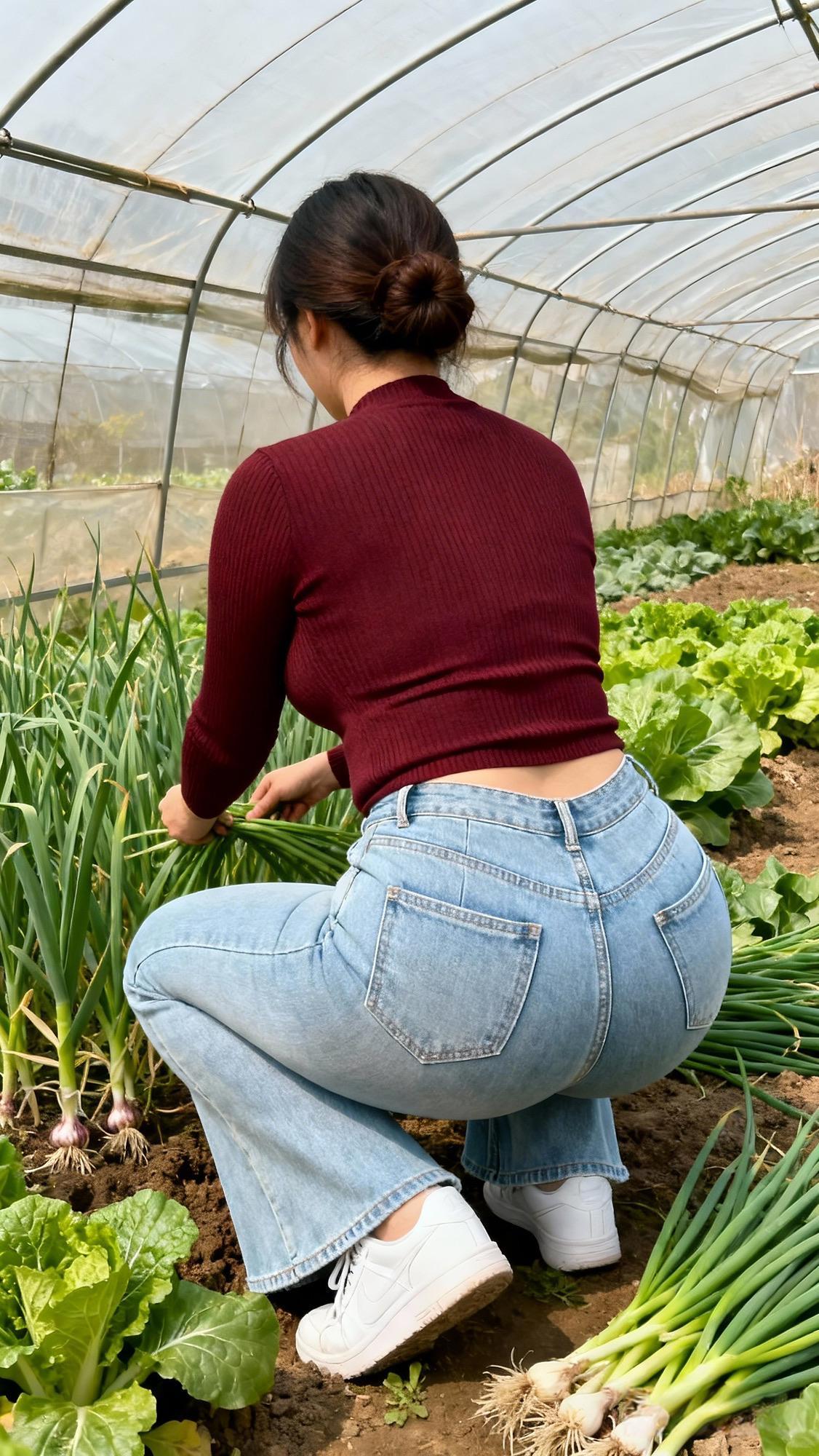 温室的光影漫过层层菜畦，泥土的温润裹着葱叶的辛香散开。蹲身于田垄间，指尖轻拢起脆