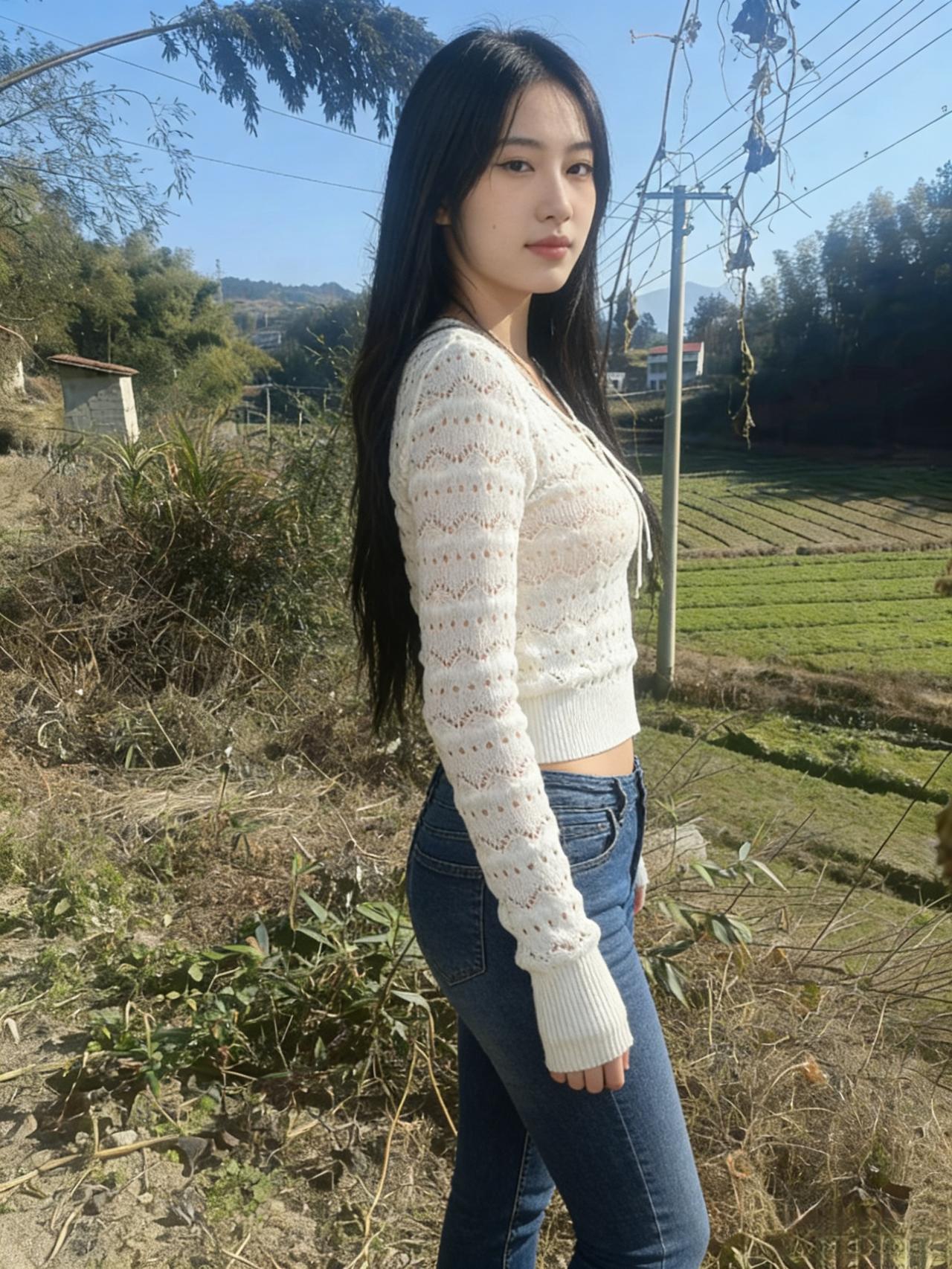 一袭针织衬娉婷，牛仔裁风步履轻。皮袄斜簪云鬓俏，羽衣微拢楚腰盈。踏残陌上三秋