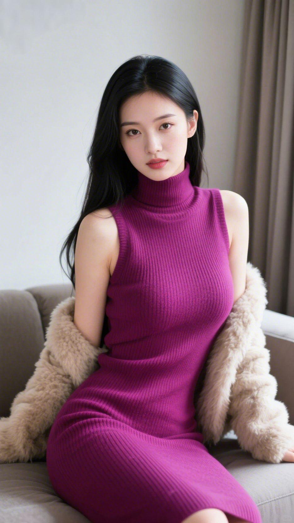 紫韵暖时光柔暖的绒质披肩搭着一袭玫紫针织裙，把居家的温柔揉进每一寸时光。高领的