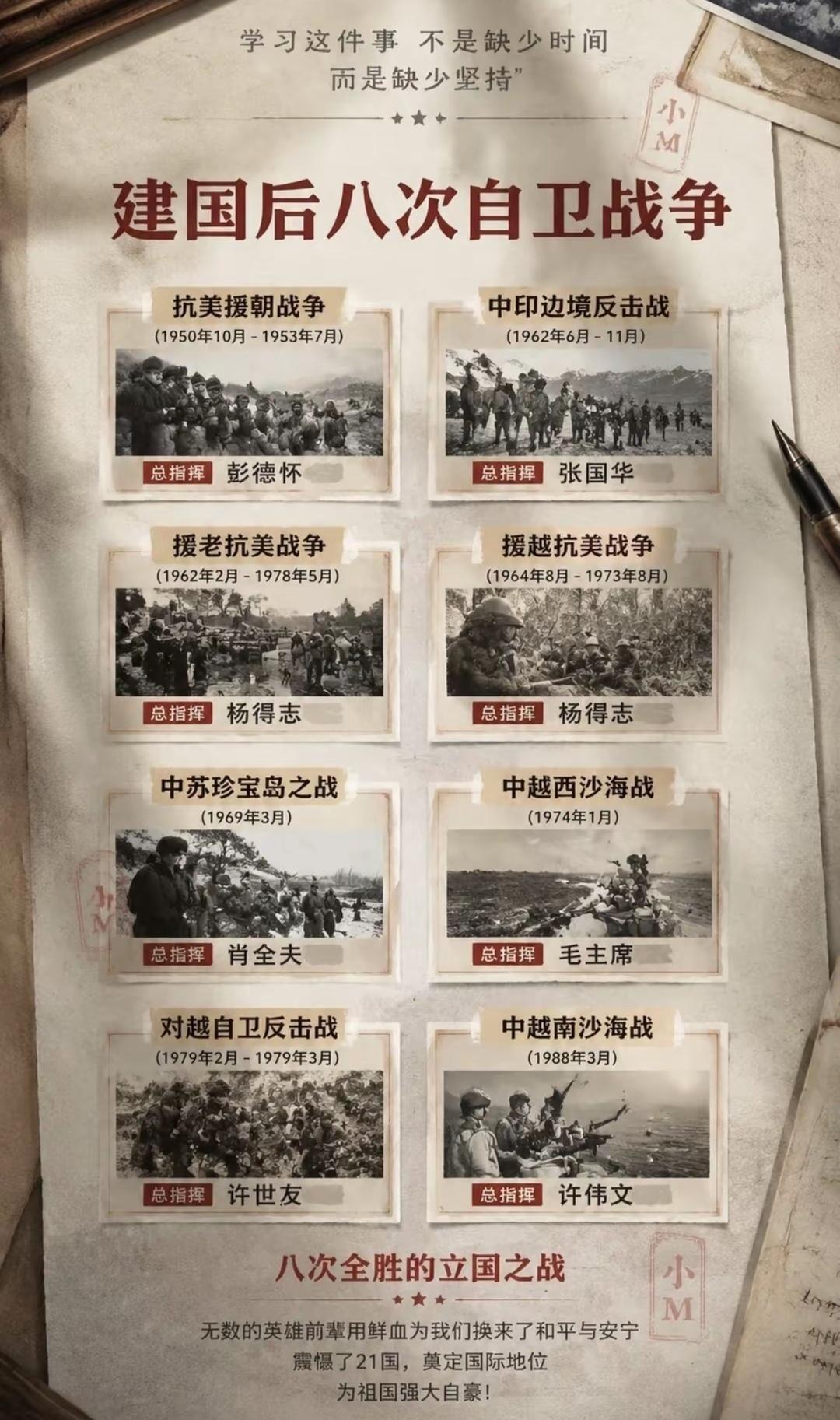 建国后的8次自卫战争！1.抗美援朝（1950‑1953，彭德怀）