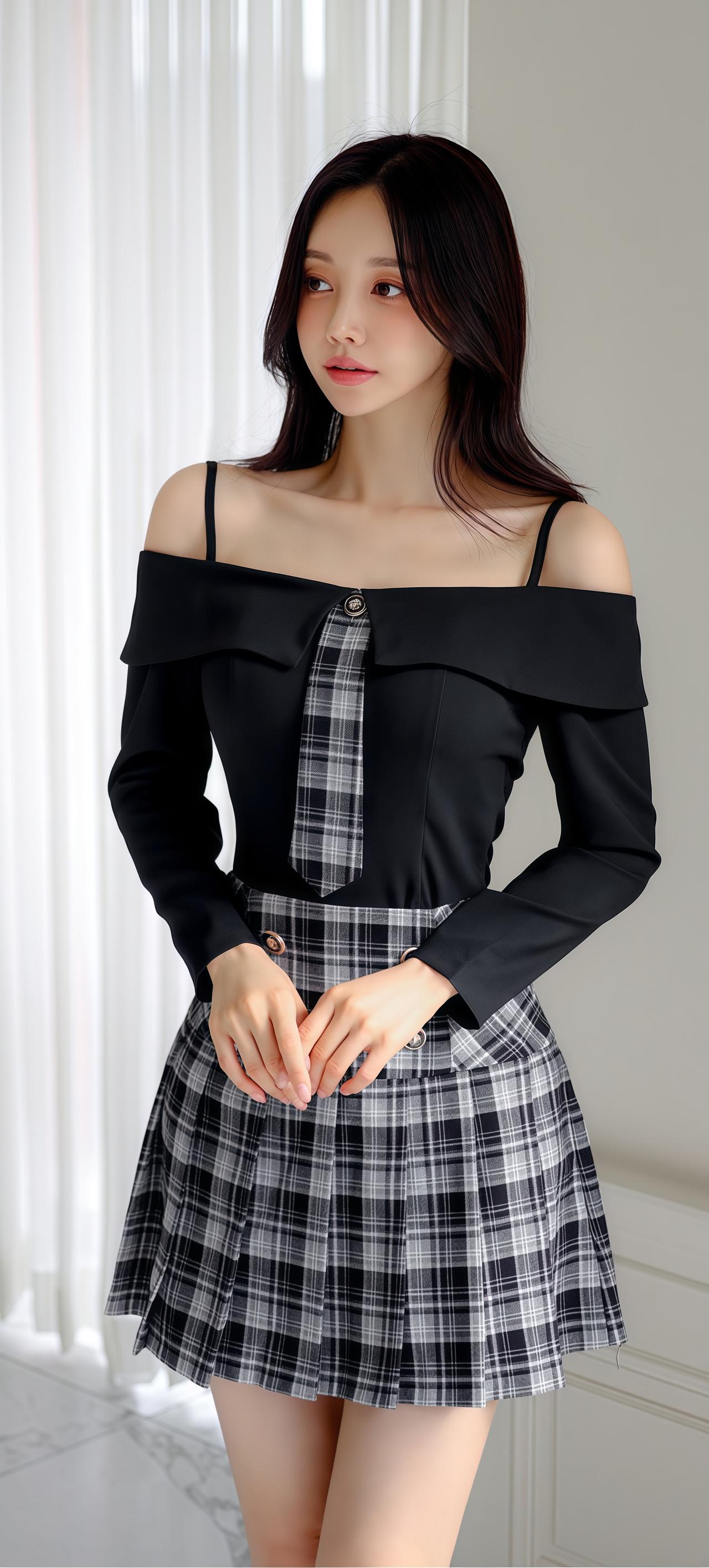 孙允珠甜美学院风穿搭,黑白格子裙搭配黑色露肩上衣,青春减龄!