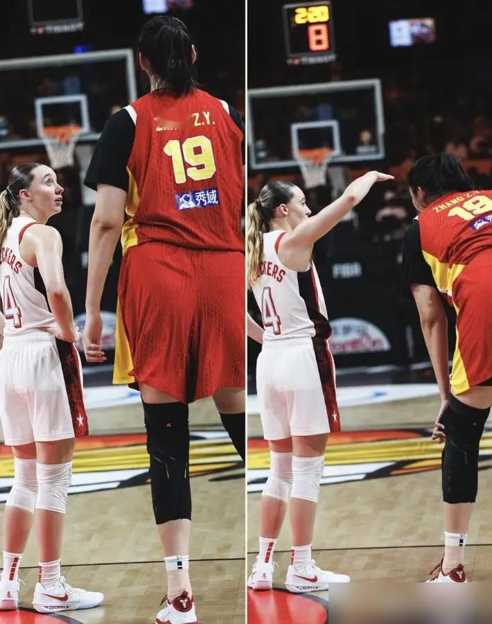 2米01的李月汝站在她身边，居然被喊南方小土豆！FIBA晒出中国小将张子宇的同框照，和WNBA球员佩
