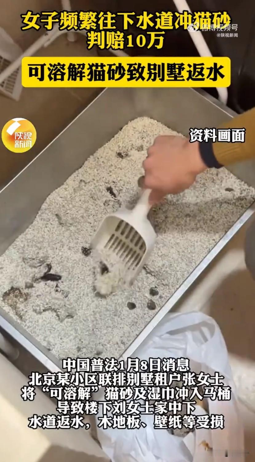 女子冲可溶解猫砂致楼下返水，判赔10万！法官提醒：再方便也不能乱冲北京一起因