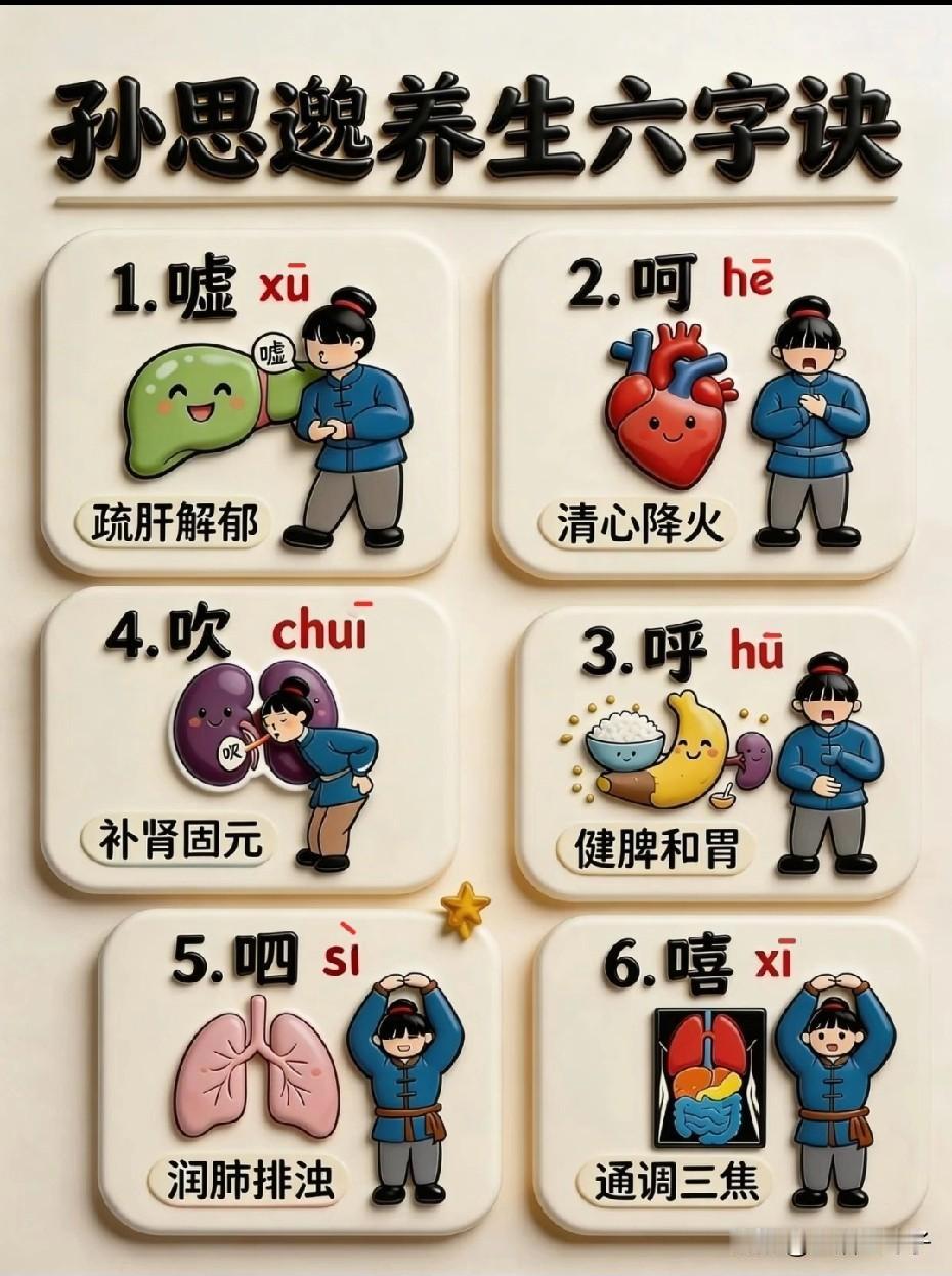 孙思邈养生六字诀，是嘘、呵、呼、呬、吹、嘻，通过特定发音与呼吸配合，分别调理肝、