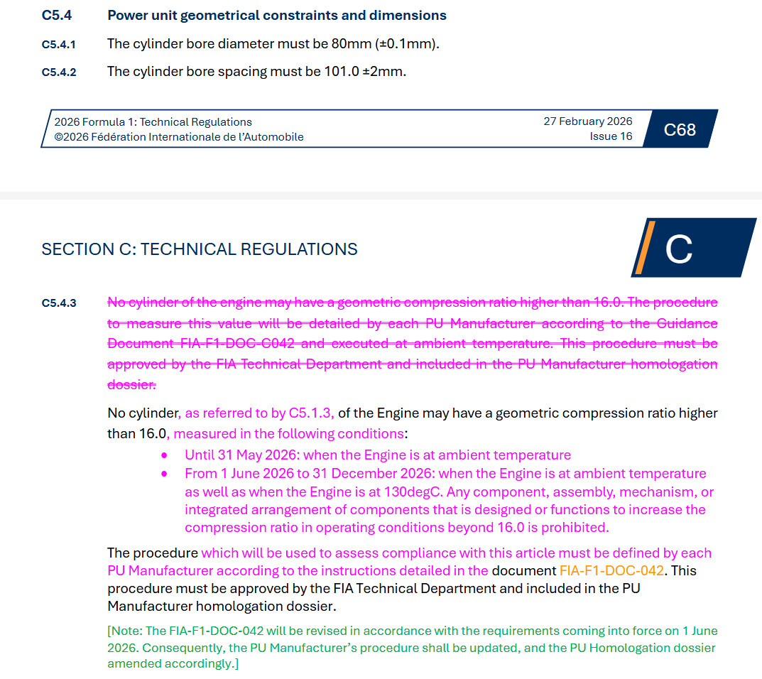 FIA修改了技术规则，今年6月1日起引擎气缸压缩比的检测既要在环境温度、也要在引