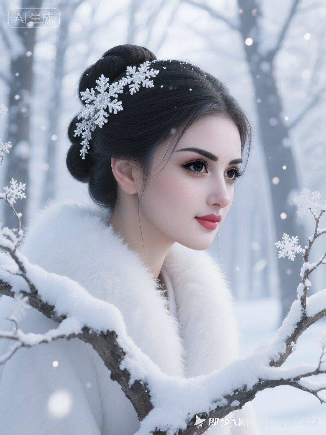 冬日仙境中的美丽女子，雪中静谧如画