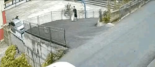 真的，有时候你不得不服。一辆车，自己顺着坡往下溜，里面没人。车主在后面追得快断