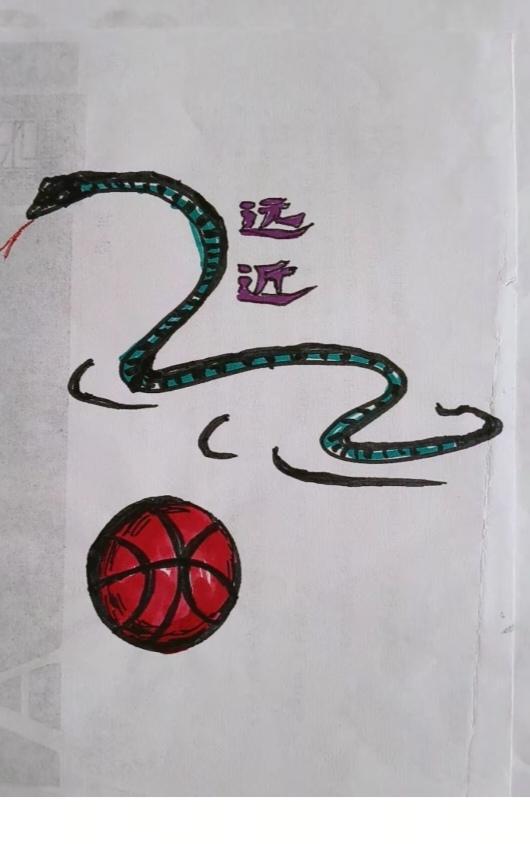 〔看图猜词语〕图中画面真有趣；有蛇还有一球线；另外还有远和近；谐音猜个词