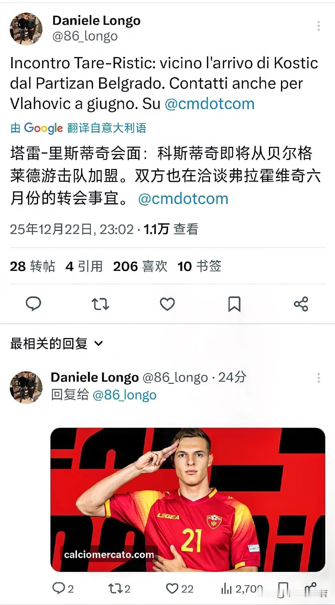 第一签即将完成，第二签也要来了，米兰与贝尔格莱德游击队关于前锋 科斯蒂奇交易达成