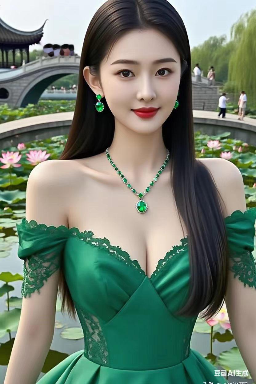 今天穿了件美美的绿色裙子，去公园拍照，荷花池边留下我的身影。