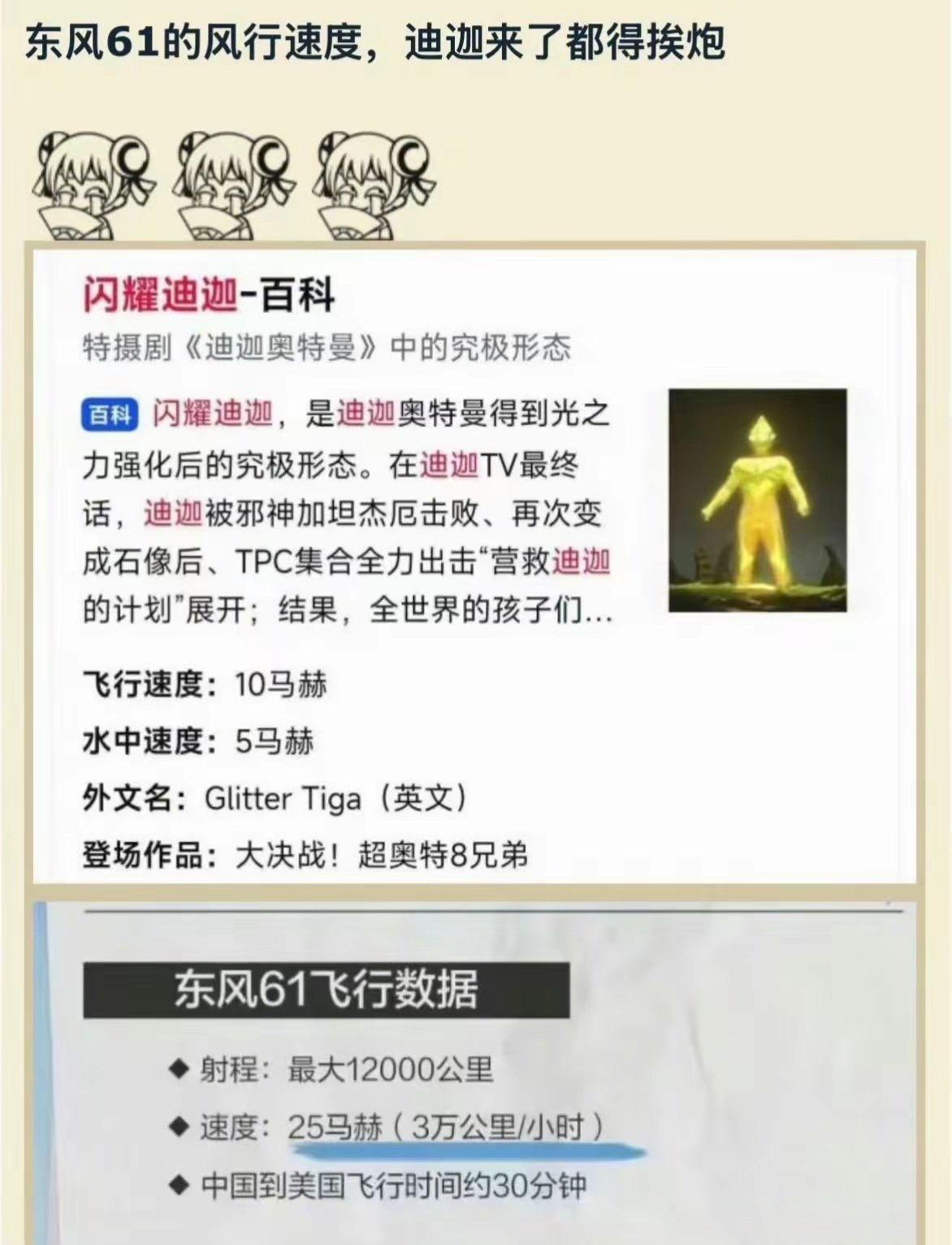 有人将奥特曼跟东风61速度相比，得出结论：东风61的风行速度，迪迦来了都得挨炮。